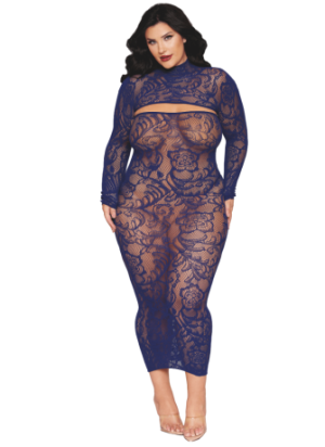 Ensemble 2 pièces grande taille top manches longues et robe bleu marine - DG0525XECL